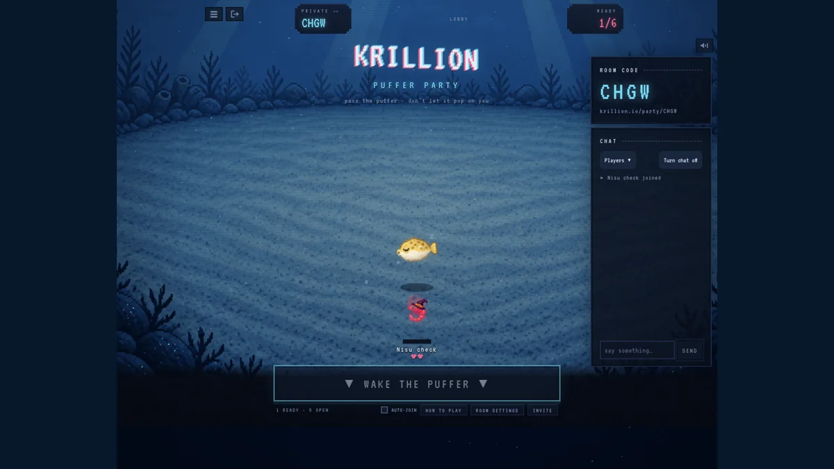 Official Krillion Puffer Party private lobby with one player waiting beside the pufferfish