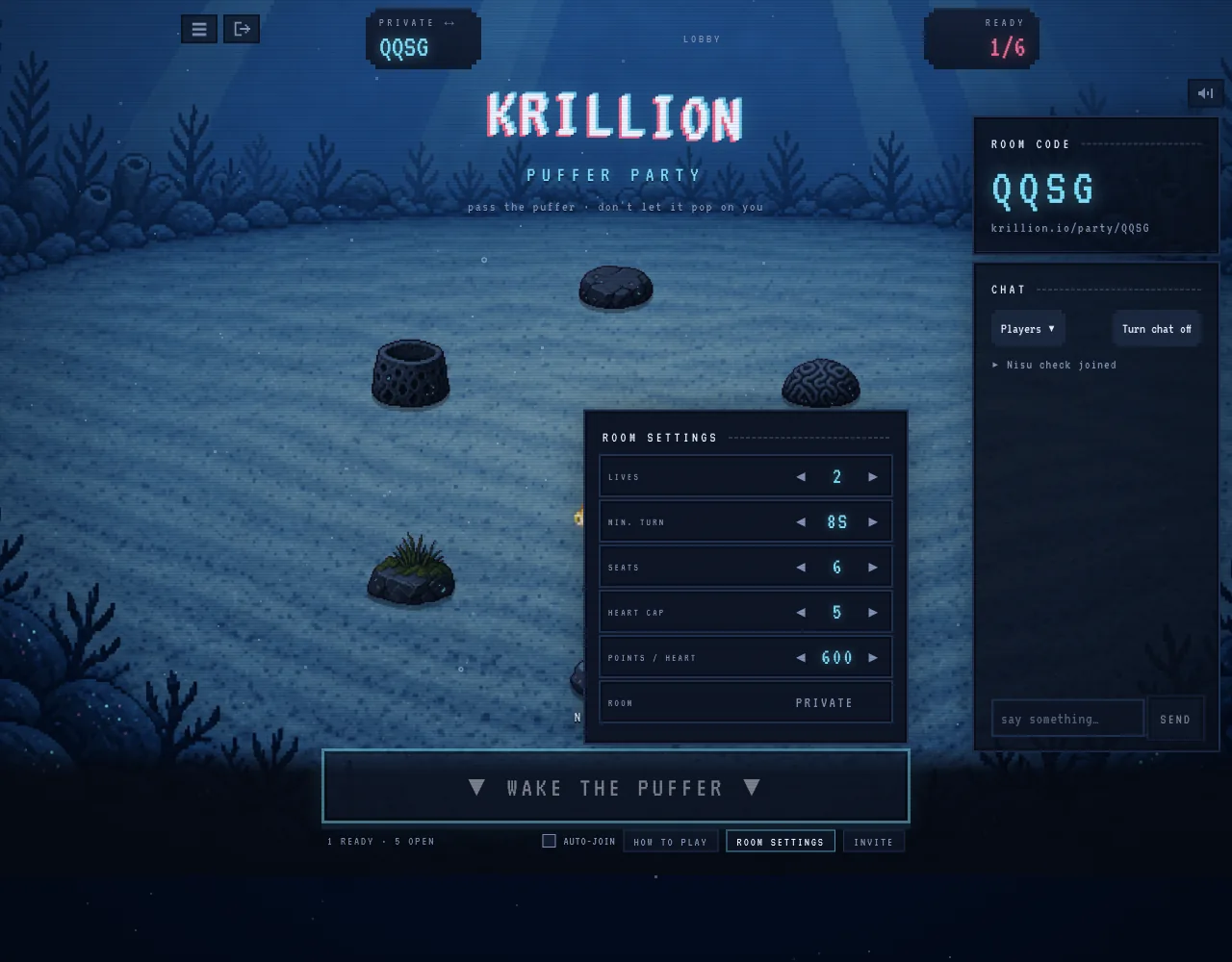 Official Puffer Party room settings showing two lives, eight-second minimum turn, six seats, five-heart cap and 600 points per heart